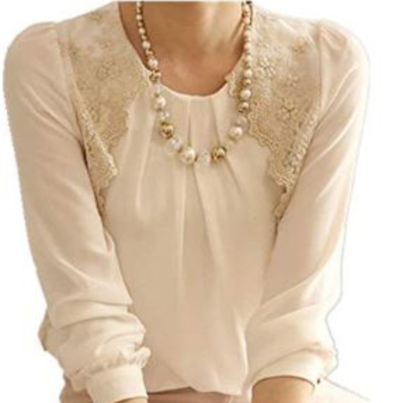 Tops - White Chiffon Blouse with Gold Button & Lace Trim